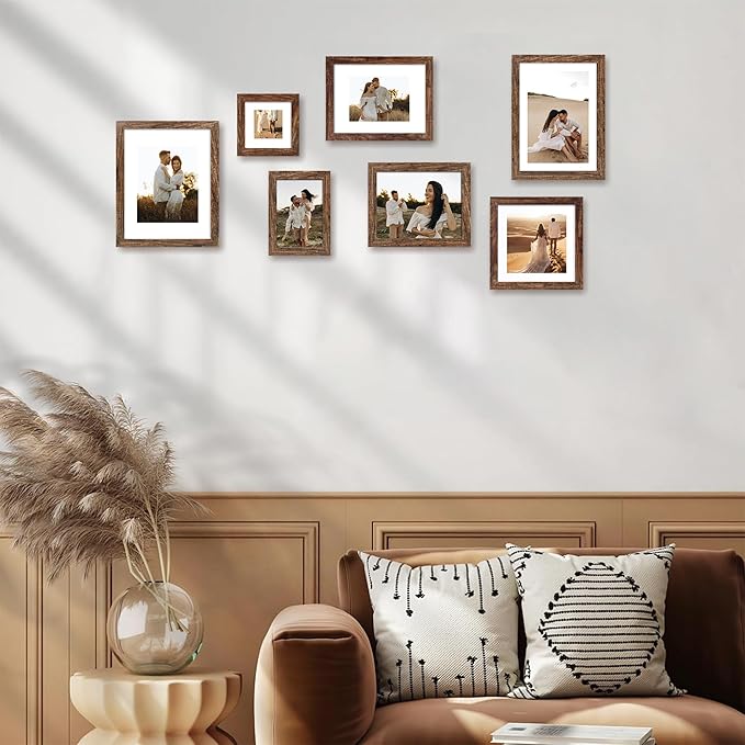 8x12 Picture Frame Set of 4 with High Definition Real Glass, Display 6x8 Pictures with Mat or 8 x 12 Without Mat, Rustic Wood Photo Frames for Tabletop and Wall Mounting