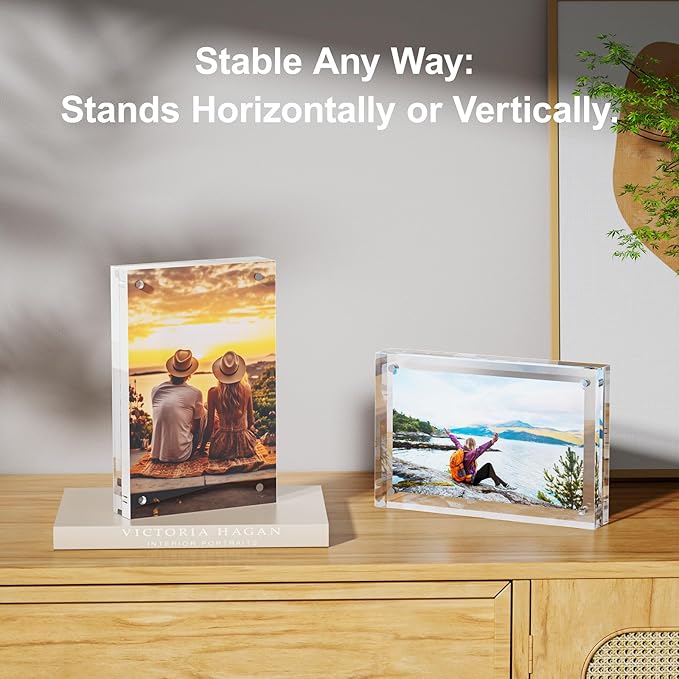 3 Pack 4x6 Acrylic Picture Frames - 20% Thicker Double Sided Magnetic Frame with UV Protection - Freestanding Clear Frameless Display for Tabletops - Modern Photo Frame Set for Home & Office Decor