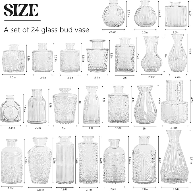 Set of 24 Glass Bud Vase Set, Small Vintage Clear Flower Vase Centerpieces for Table Bulk Cute Rustic Style Mini Vase for Home Decor Wedding Baby Shower Birthday Party