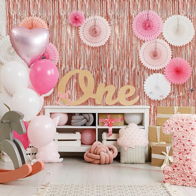 Crosize 2 Pack 3.3 x 9.9 ft Rose Gold Foil Fringe Backdrop Curtain, Streamer Backdrop Curtains, Streamers Birthday Party Decorations, Tinsel Curtain for Parties, Photo Booth Backdrops, Party Décor