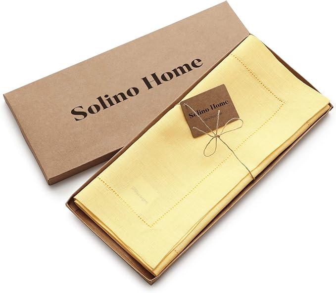 Solino Home Linen Yellow Table Runner 120 Inches Long - 100% Pure Linen Hemstitch 14 x 120 Inch Table Runner for Dining - Classic Hemstitch