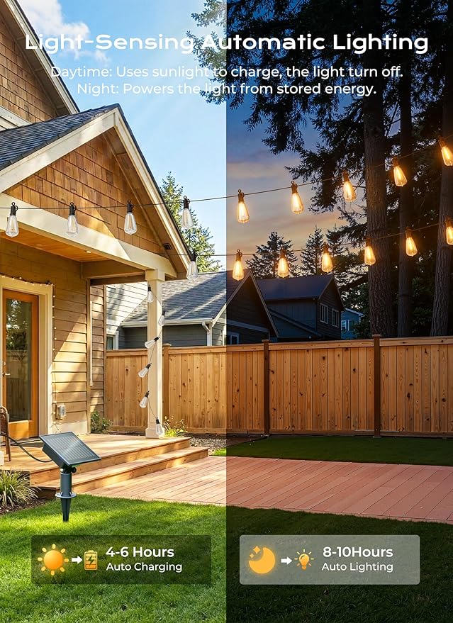 String Lights, 202 Ft Solar Strand with 65 Shatterproof LED Bulbs
