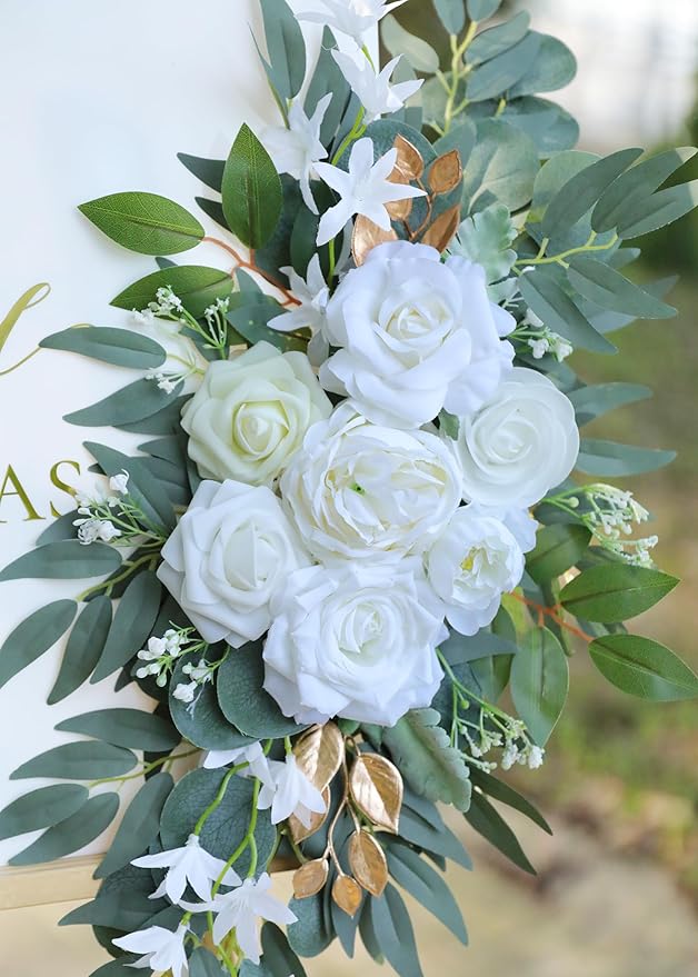 Artificial Flowers Swags Set of 2 in White and Gold Silk for Arches