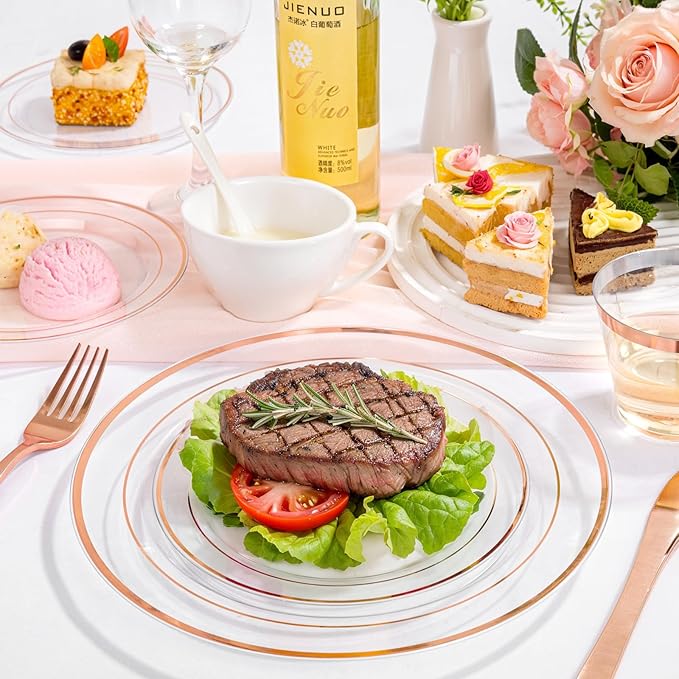 Disposable Plates, Clear Plastic with Rose Gold Trim, 150-Piece Set
