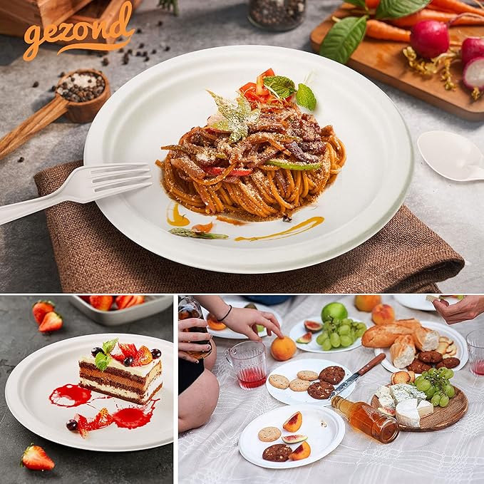 Plates 250-Piece Compostable Bagasse Disposable Dinnerware Set in White