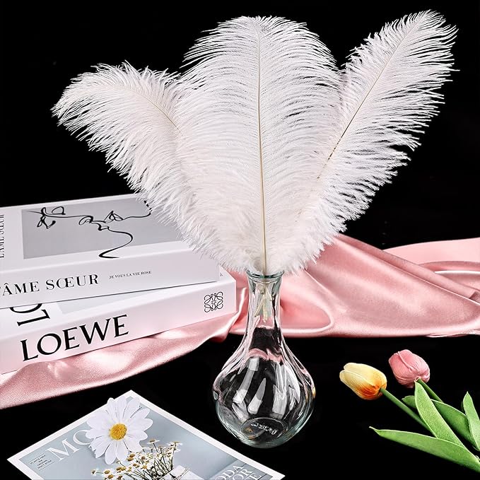 THARAHT White Ostrich Feathers 12pcs Natural Bulk 10-12Inch 25cm-30cm for Crafts Wedding Party Centerpieces Easter Gatsbi and Christmas Tree Decoration Feathers