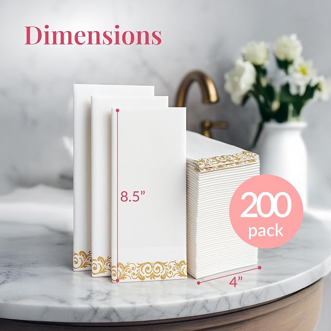 Disposable Paper Napkins, 200 Count, White and Gold Floral Linen-Feel