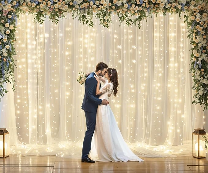 Ivory Tulle Backdrop Curtains with Lights String for Parites Wedding 20×8ft Ivory Sheer Backdrop Curtains for Baby Shower Birthday Party Photo Shoot Background Decorations(4 Panels 5ft×8ft)