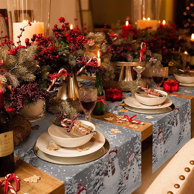 Christmas Snowman Cotton Linen Table Runner for Dining Kitchen, Snowflakes Xmas Pine Tree Wedding Outdoor Party Tablerunner Decoration Winter Bird Dresser Scarf Coffee Tablecloth Runners 13x108 Inches