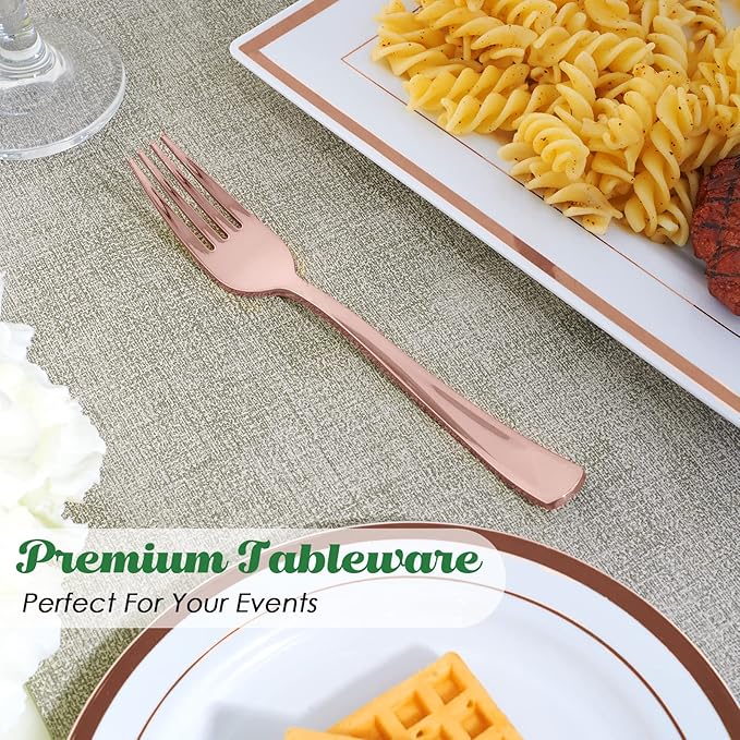 Rose Gold Plastic Party Forks, 300 Count, 7.4 Inch Disposable Utensils