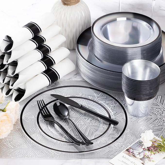 Plates Set for 25 Guests, Black Rim Disposable Plastic Party Tableware