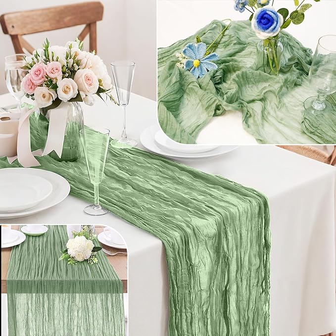 10-Pack Sage Green Cheesecloth Table Runners – 10FT (35x120 Inch) Boho Rustic Gauze Fabric Cheese Cloth Table Runner for Weddings, Baby Showers, Bridal Shower, Farmhouse & Birthday Party Decor