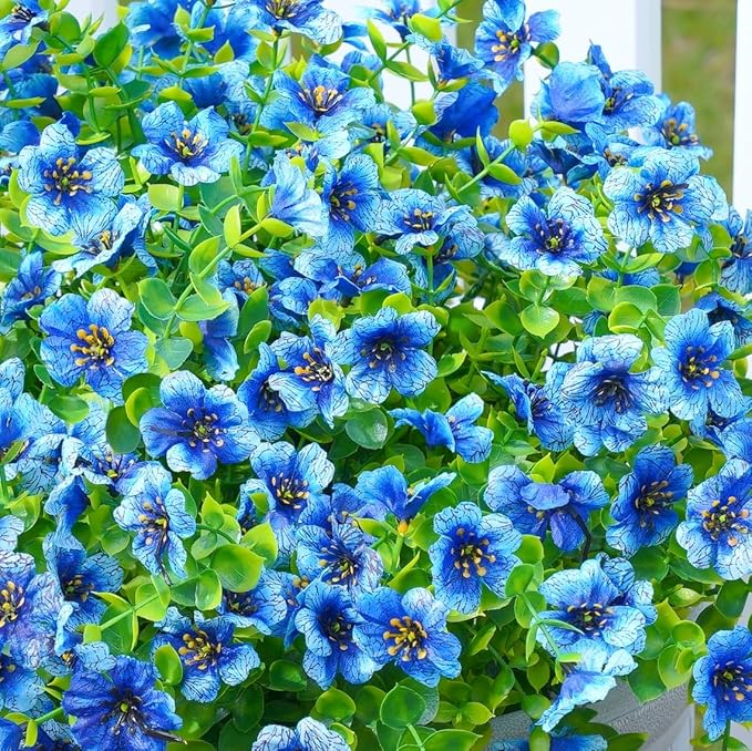 HyeFlora Artificial Flowers for Outdoor Indoor Garden Home Decoration, Faux Flower Daisy with Eucalyptus Leaves Fake Plants Greenery Boxwood Porch Patio, 12 Bundles (Blue)