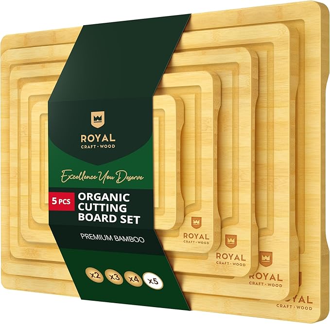 ROYAL CRAFT WOOD Wooden Cutting Boards for Kitchen Meal Prep & Serving - Bamboo Wood Serving Board Set with Deep Juice Groove Side Handles - Charcuterie & Chopping Butcher Block for Meat