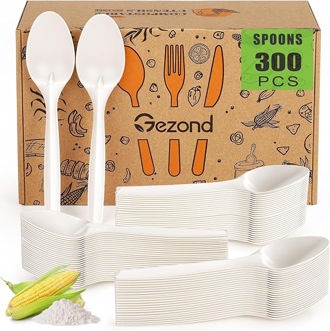 Disposable Compostable Spoons, 300 Count, White, Corn Starch