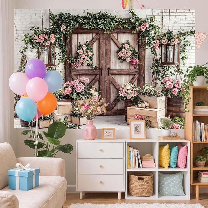 6x6ft Country Wedding Photography Backdrop Floral Rustic Roses Farmhouse Wooden Door Backdrop Pink Flower Birthday Baby Shower Wedding Bridal Party Banner Photo Booth Props Anniversary Background