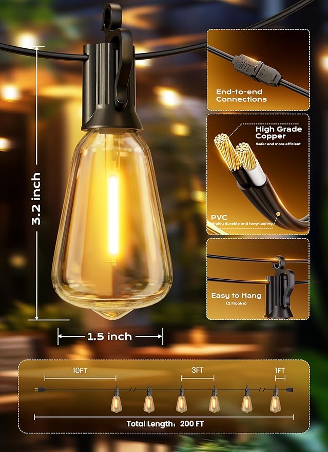String Lights, 200 FT Black Shatterproof ST38 Edison Bulbs