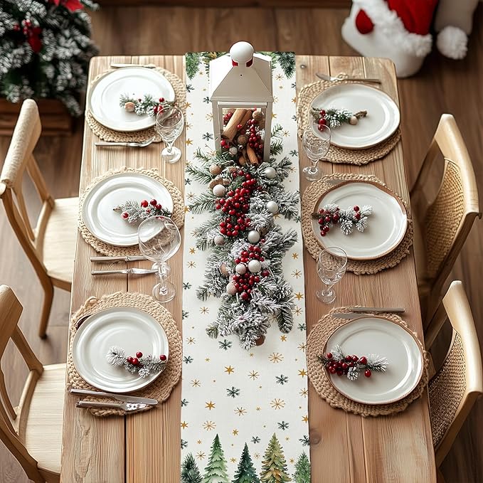 GEEORY Christmas Table Runner 13x90 Inch, Xmas Tees Snowflakes Holiday Decorative Farmhouse Table Decoration for Kitchen Dinning, Indoor Outdoor Dinner Party Decor (Light Green) GT166-90