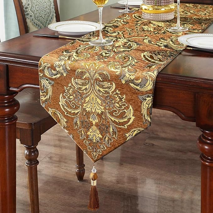 Table Runners 72 inches Long Jacquard European Classic Floral Beige Vintage Chenille - Caramel