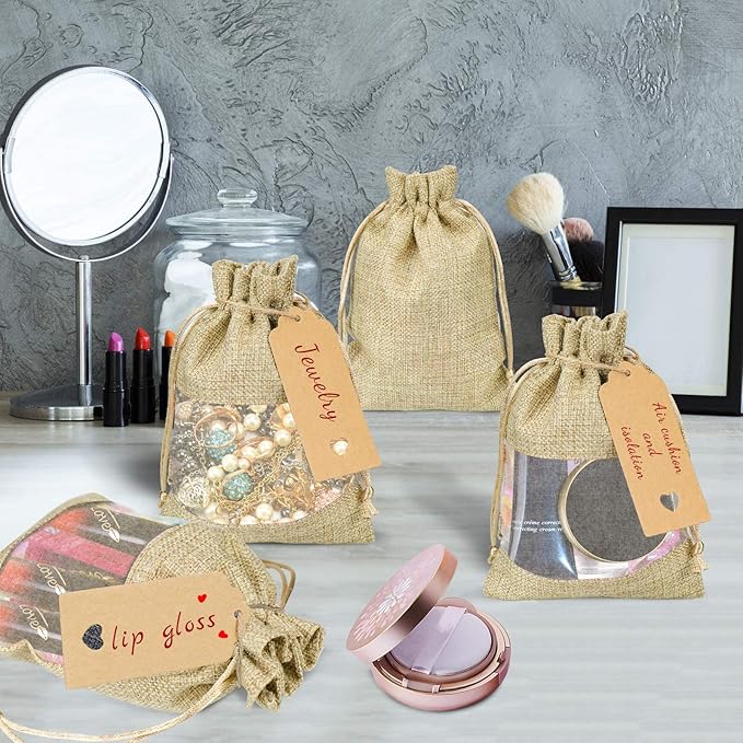 Gift Bags, 50 Count, 4 x 6 Inch Burlap and Organza Drawstring Pouches