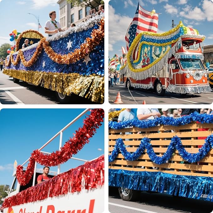4 Pack Red Total 40 Feet Foil Fringe Garland Metallic Tinsel Banner Wall Hanging Drapes Parade Float Skirting Decorations for Trailer Mardi Gras Party Birthday Wedding Baby Shower