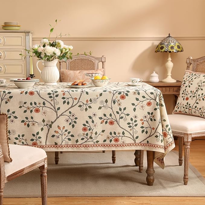 Floral Square Tablecloth 67 x 67 Inch, Linen-Polyester Blend