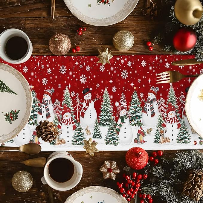 Christmas Snowman Cotton Linen Table Runner for Dining Kitchen, Xmas Tree White Snowflakes Winter Wedding Outdoor Party Tablerunners Decoration, Dresser Scarf Coffee Tablecloth Runners 13x72 Inches