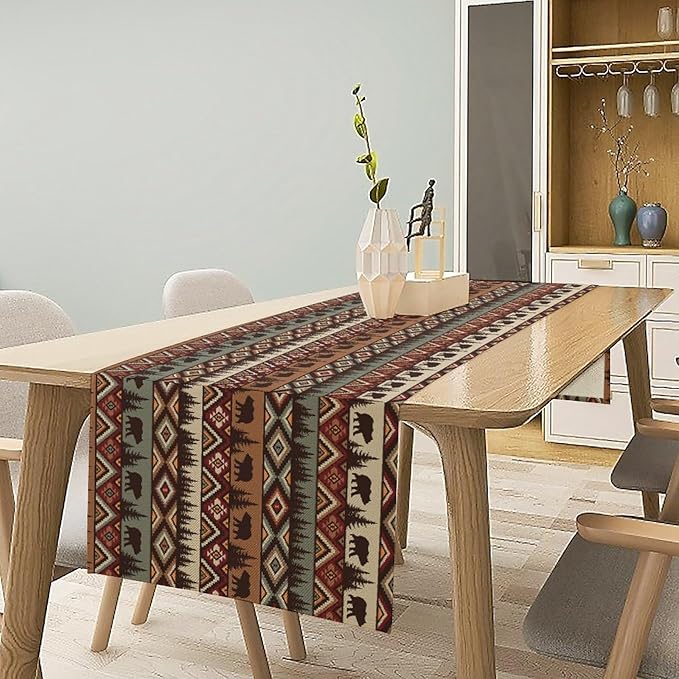Retro Cabin Table Runner Rustic Bear Forest Farmhouse Lodge Jungle Table Runner for Dinner Party Living Room Kitchen Aztec Vintage 13x60 Inch