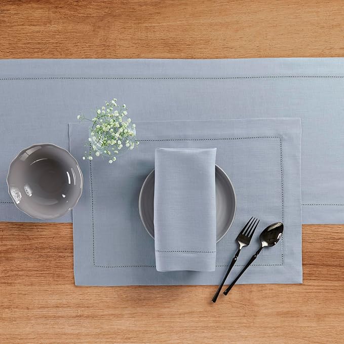 Solino Home Linen Table Runner 120 Inches Long - 100% Pure Linen Dusty Blue Table Runner 14 x 120 Inch for Fall, Autumn, Thanksgiving - Classic Hemstitch