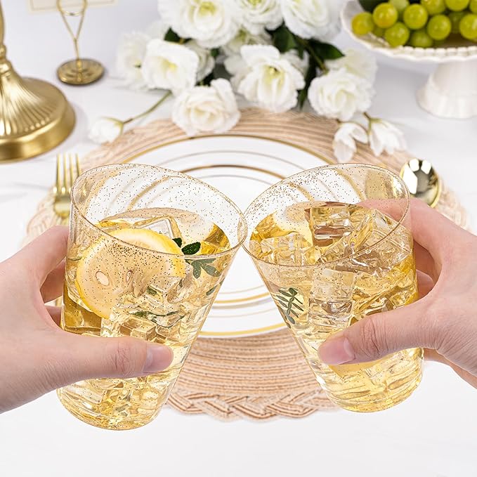 Disposable Cups, 12 oz Gold Glitter Plastic Party Tableware