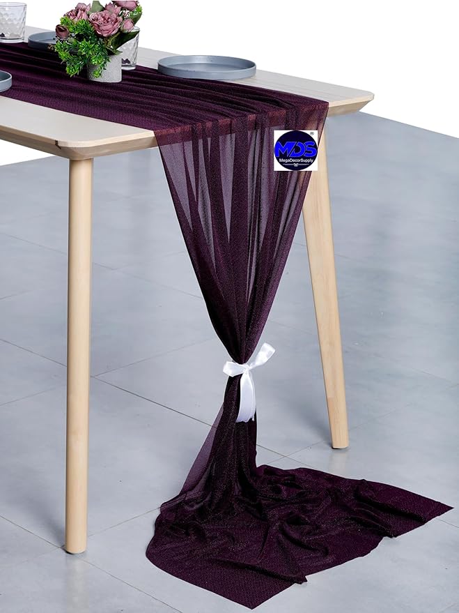 MDS Halloween Chiffon Table Runner - 10 Pack, 29 x 170 Inches, 14ft Each - Sheer Spooky Table Runners for Haunted House Parties, Trick-or-Treat Tables, Witchy Décor, Wedding & Events - Eggplant