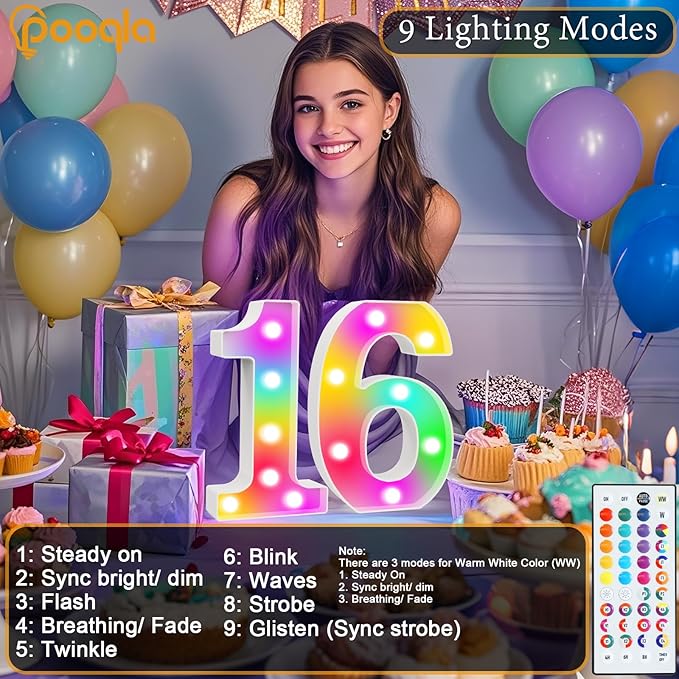 Pooqla Colorful Lighted Numbers with Remote, 35 Colors Light Up Numbers for Party, RGB LED Marquee Number Lights Gift for 5th Birthday Decorations, Wedding, Bar, Night Light, Home Decor, Number 5