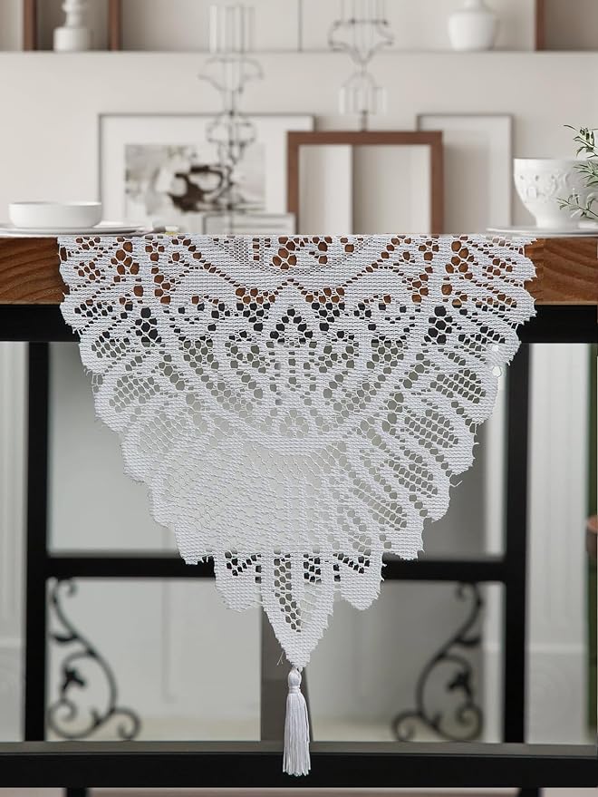 Jayla White Lace Table Runners, Elegant Vintage Lace Table Runner, Wedding Lace Decor with Floral Embroidery,Tea Party Decor, 13x54 Inch