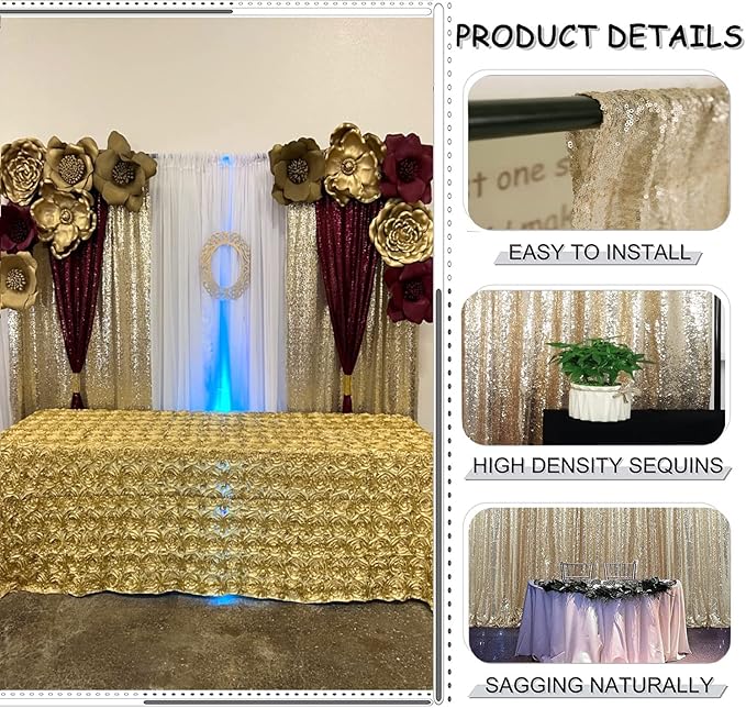 Sequin Backdrop Curtain, Champagne, 10 x 10 Ft, 1 Panel with Rod Pocket