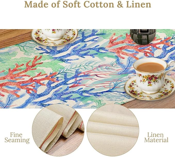 Summer Shell Starfish Table Runner, Seasonal Spring Summer Tropical Ocean Beach Indoor Party Kitchen Outdoor Table Decor 13x120 Inch