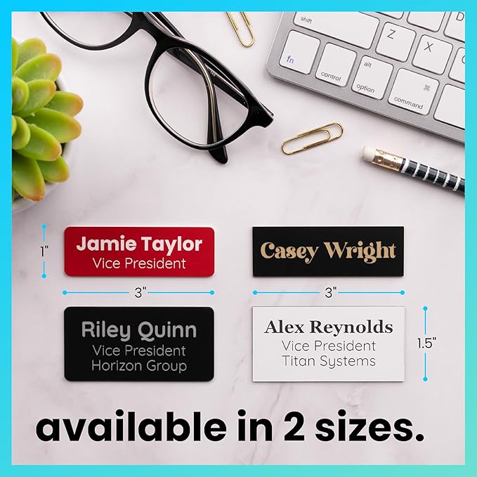 ExcelMark Custom Name Tag - Engraved Name Badge with Pin or Magnetic Backing, 16 Colors, 6 Fonts, and 2 Sizes to Choose from (Black w/Gold Letters, 1.5"x 3")
