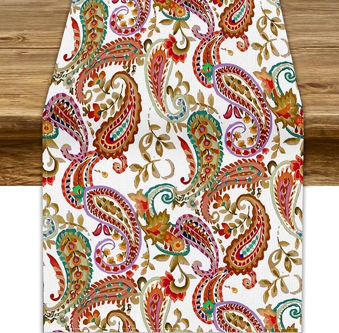 Colorful Paisley Table Runner, Boho Vintage Pink Red Teal Floral Leaves Print Table Runner for Home Kitchen Dining Table Holiday Party Decor, 13x70inch