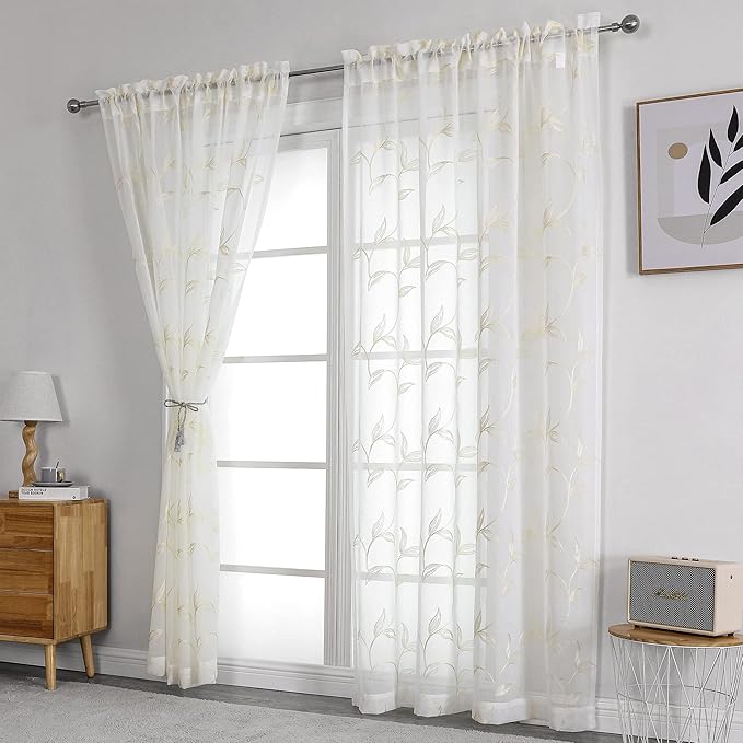 VISIONTEX Sheer Curtains 95 inch Length 2 Panels Set, White Voile Crushed Cream Vine Leaves Embroidery, Rod Pocket Embroidered Window Drapes for Living Room and Bedroom, 54" x 95"