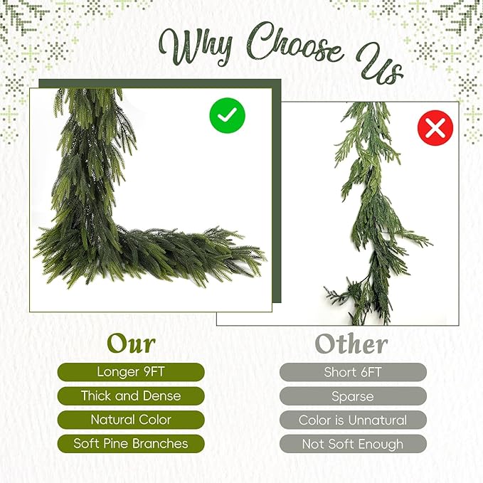Norfolk Pine Garland, 9 Ft, 4 Pack, Green PE, Indoor and Outdoor