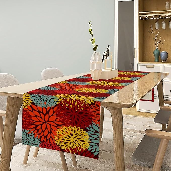 Red Yellow Dahlia Table Runner, Seasonal Autumn Thanksgiving Pattern Print for Home Kitchen Table Decor Dining Coffee Room Party Decor 13x70 Inch
