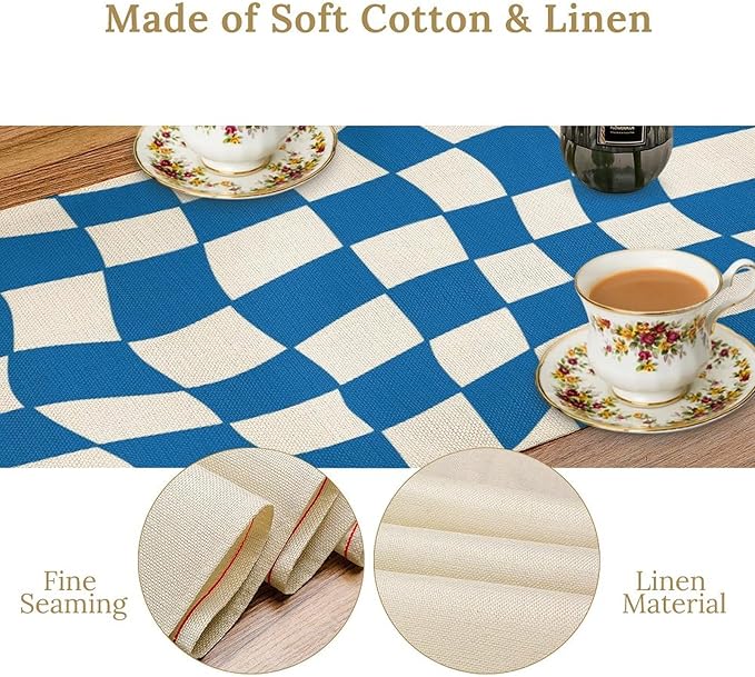 Table Flag Retro Plaid 60s70s Blue Plaid Table Flag Kitchen Restaurant Decoration Suitable for Indoor and Outdoor Festival Home Wedding Party Table Flag 13x108