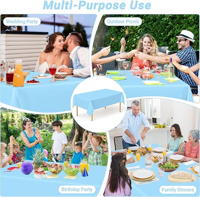 QZYL 12 PCS SkyBlue Plastic Tablecloths, 54 in x 108 in Dinner Table Cloths, Rectangle Table Cover for Birthday Party Family Gathering Wedding