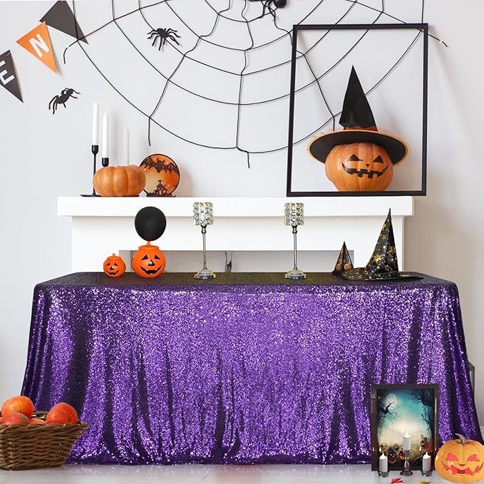 SquarePie Sequin Tablecloth 60 x 102 Inch Purple Sparkly Table Cloth for Halloween Wedding Party