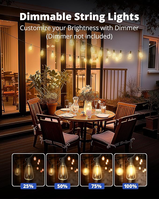 String Lights 60 ft Warm White 26-Bulb Patio Set, Shatterproof