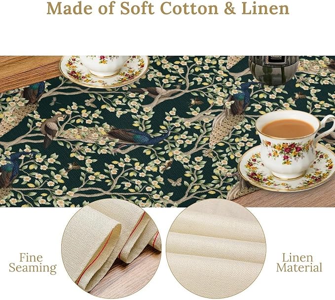 Peacock Table Runner,Retro Floral Plants Peacock Table Runner for Home Kitchen Dining Party Indoor Outdoor Decoration 13x108 Inch