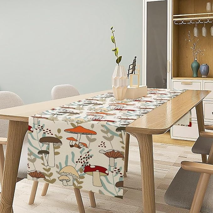 Mushroom Table Runner, Vintage Nature Plant Table Runner for Farmhouse Kitchen Dining Table Decoration for Home Party Decor 13x72 Inch