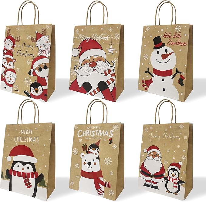 Gift Bags with Handles, 24 Count Kraft Paper Christmas Designs