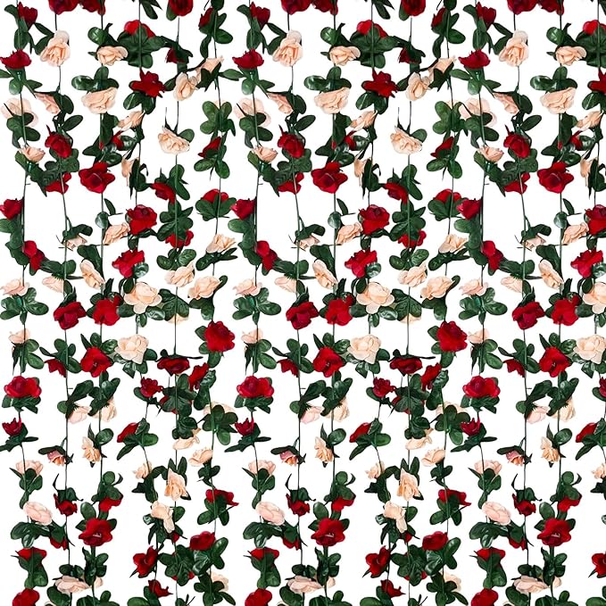 8Pcs 63Ft Burgundy&Champagne Fake Rose Hanging Flowers, Artificial Flower Vine, Hanging Floral Vine Garland for Wedding, Wall Arch, Halloween, Christmas Garden Backdrop Decor