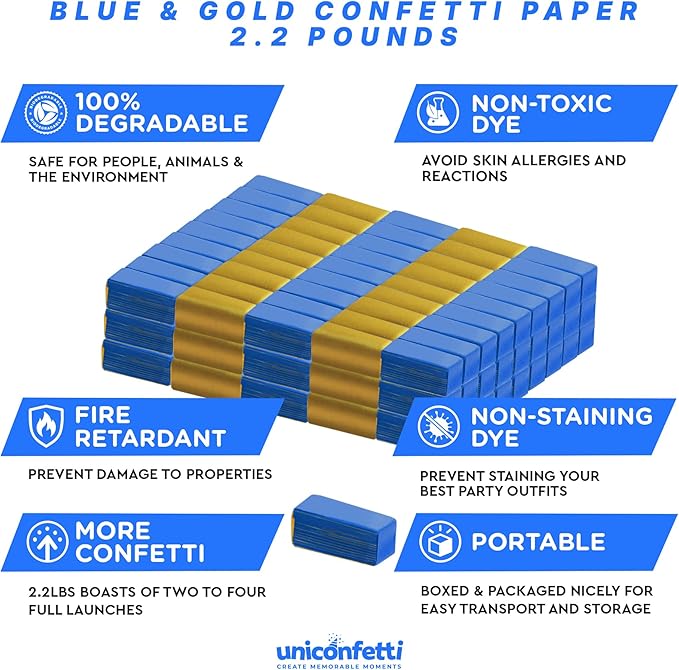 Confetti Paper, Blue and Gold, Bulk Size for Parties & Events