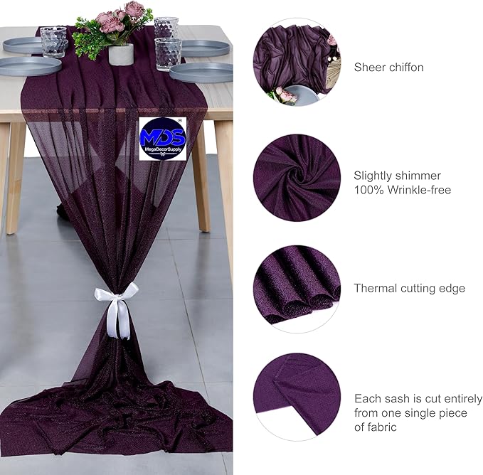 MDS 2 Pack 14ft Chiffon Table Runner 29 x 170 Inches Sheer Wedding Runner Romantic Rustic Table Runner for Wedding Decorations, Birthday Parties, Bridal Shower Party Arch Decor - Eggplant